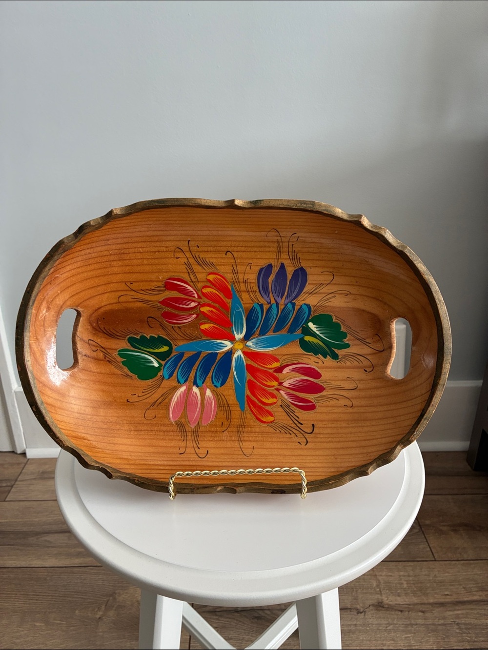 Vintage Mexican Wood Batea Tray - Hand Painted Floral Folk Art Platter